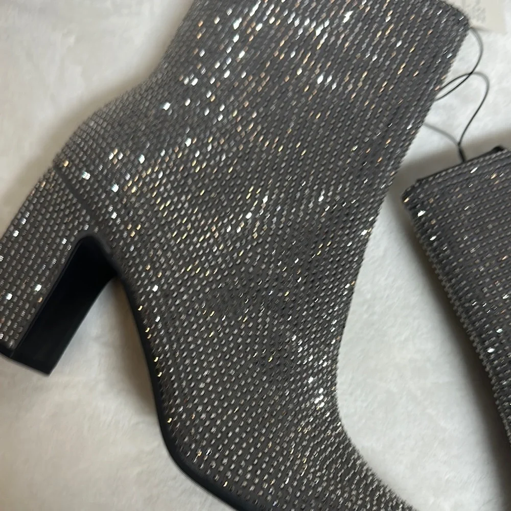 A New Day Silver Gunmetal Grey Ankle Booties with Block Heel and Rhinestones